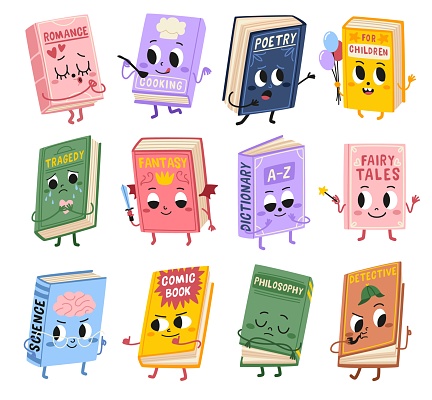 Cartoon funny books characters. Cute kids mascots with different emotions, various genres literary volumes, smiling faces. Poetry, dictionary and fairy tales. Detective and romance. Tidy vector set