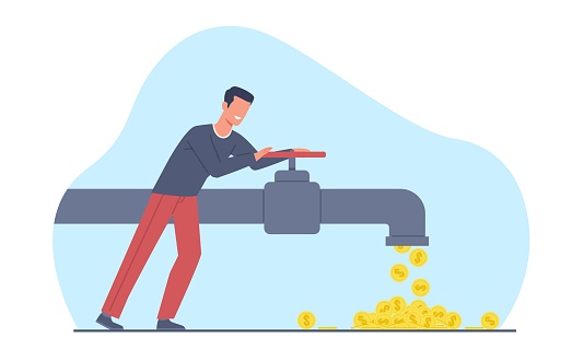 Concept of cash flow, man opening money faucet. Making profit, wealthy rich businessman, passive income and investing. Business profit from successful strategy. Cartoon flat style vector illustration