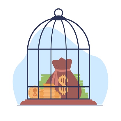 Money saving, bird cage filled with gold coins and banknotes. investment and insurance. Put income and cash on deposit. Locked cash. Cartoon flat style isolated illustration. Vector limitation concept