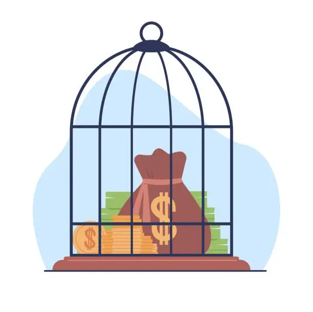 Vector illustration of Money saving, bird cage filled with gold coins and banknotes. investment and insurance. Put income and cash on deposit. Locked cash. Cartoon flat isolated illustration. Vector limitation concept