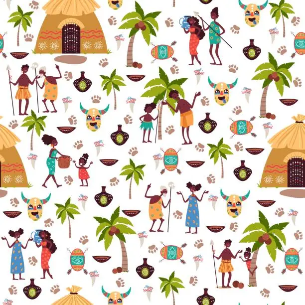 Vector illustration of Seamless pattern with elements of African peoples lives. Aborigines and house. Cartoon flat isolated illustration. Decor textile, wrapping paper, wallpaper design. Vector concept