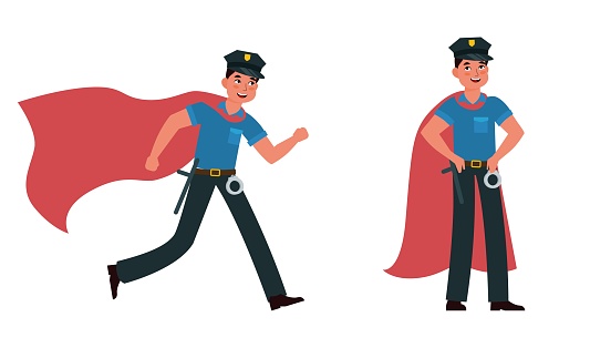 Super cop on duty, police superhero with superhuman powers. American police in uniform and red cape. Standing and running man. Officer or sheriff. Cartoon flat isolated illustration. Vector concept