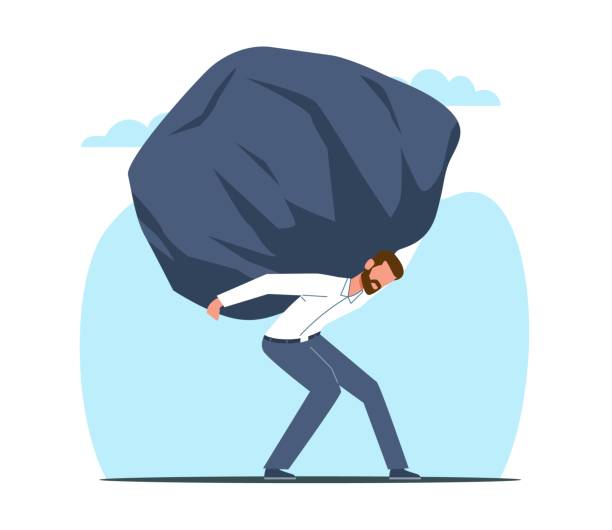 istock Tired man carries heavy stone on his shoulder as symbol of problems and worries. Overloaded with difficult task. Unhappy person. Mental health. Cartoon flat style isolated vector concept 1714364760