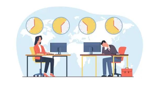 Vector illustration of World business time concept, managers work in branches in different time zones. International business. Clocks showing local timezone. Global network. Cartoon flat isolated vector illustration