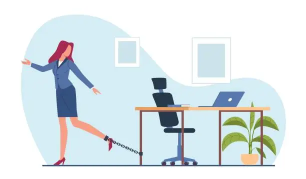 Vector illustration of Heavy slave office work, girl employee chained to desk. Overworked woman. Depressed stressed businesswoman on workplace. Prisoner female. Cartoon flat isolated illustration. Vector concept