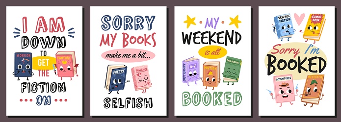 Books characters with texts. Education motivation posters, different literary genres, animated volumes with cute funny faces, cards with lettering, cartoon flat style isolated tidy vector cards set