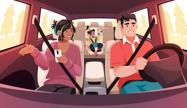 Vector illustration of Happy family in car. People sitting in cars driving, kid in child seat, parents and daughter traveling, summer vacation, automobile interior, cartoon flat isolated tidy vector concept