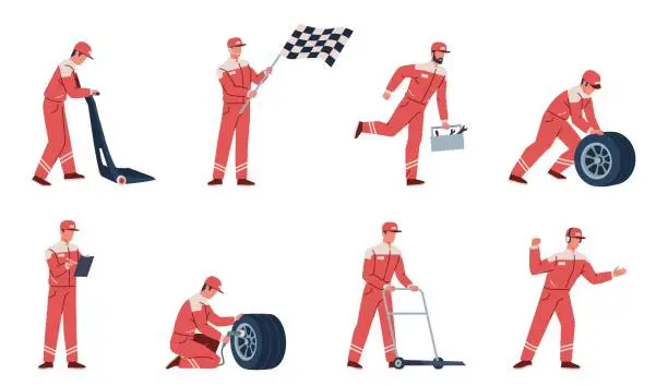 Vector illustration of Cartoon racing engineers. Flat pit stop workers, cars mechanics in team uniform, professional technicians and engineers on extreme rally, driver crew on championship, nowaday vector set