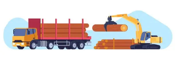 Vector illustration of Loading wooden logs onto special truck for cargo transportation. Hauling wood from sawmill. Industrial vehicle. Forestry heavy automobile and loader. Lorry unloading. Vector concept