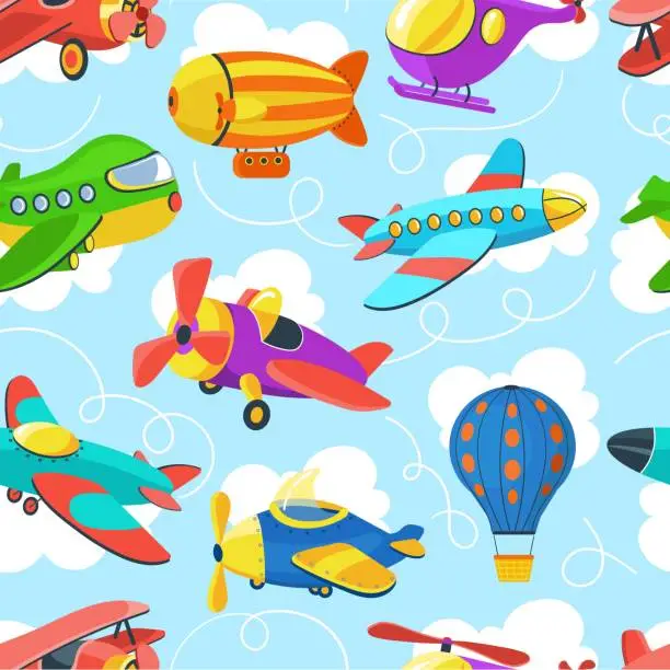 Vector illustration of Kids air transport seamless pattern. Flying toys in sky. Aircraft trajectory lines. Planes and balloons. Helicopters and airships. Children aviation print. Splendid vector background