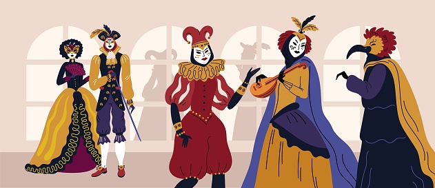 Mardi Gras scene. Cartoon people with traditional Venetian carnival costumes and dresses. Characters in Italian masks. Performance clothing. Vintage ballroom. Festival parade. Garish vector concept