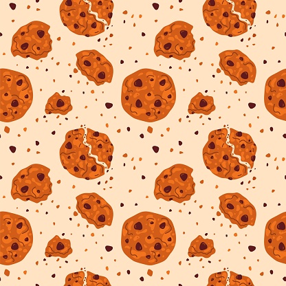 Homemade shortbread cookies seamless pattern. Broken biscuits. Chocolate pieces or crumbs. Sweet traditional bakery. Oatmeal pastry. Crisp dessert print. Biting confectionery. Garish vector background