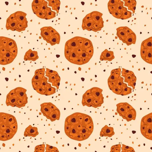 Vector illustration of Homemade shortbread cookies seamless pattern. Broken biscuits. Chocolate pieces or crumbs. Traditional bakery. Oatmeal pastry. Crisp dessert. Biting confectionery. Garish vector background