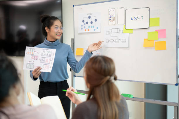 istock Young smart UX UI designer presenting her idea to the team, presentation during the team meeting. 1714367668
