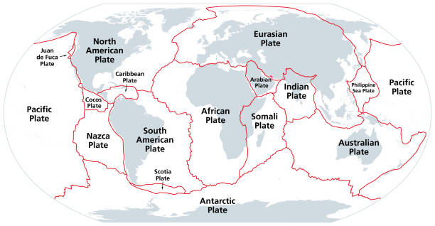 주요 지각판, 지구의 16개 주요 조각, 회색 지도 - continents globe continent tectonic stock illustrations