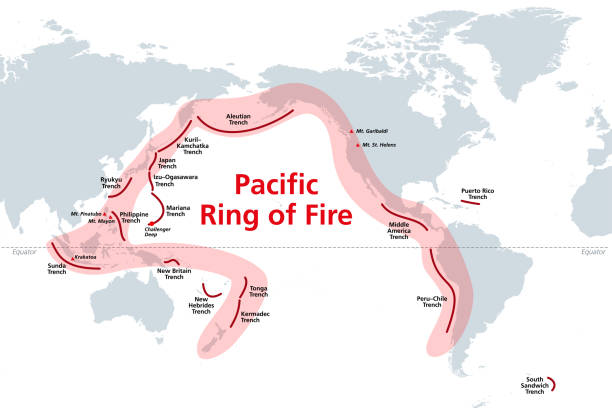 Pacific Ring of Fire, Rim of Fire, world map with ocean trenches Pacific Ring of Fire, world map with oceanic trenches. The Rim of Fire, or also  Circum-Pacific Belt. Region around the rim of the Pacific Ocean, where many volcanic eruptions and earthquakes occur. Ring Of Fire stock illustrations