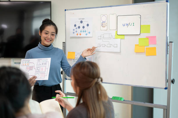 istock Young smart UX UI designer presenting her idea to the team, presentation during the team meeting. 1714368793