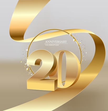 20 golden numbers and Anniversary Celebrating text with golden serpentine and confetti on red background. Vector twentieth anniversary celebration event square template