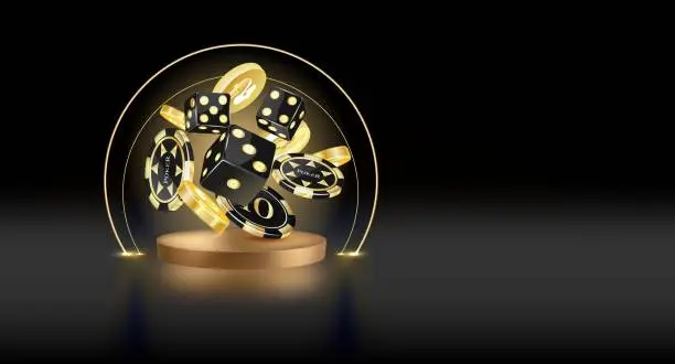 Vector illustration of Online casino, black banner with welcome bonus, button, gold casino playing cards, dice and poker chips on gold podium with yellow neon ring on background