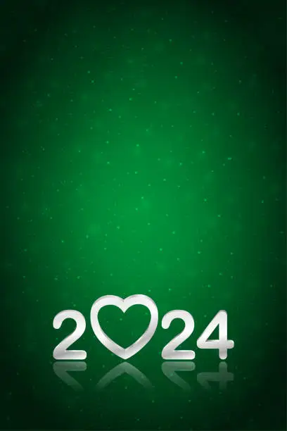 Vector illustration of Silver White colored 3 D or three dimensional text 2024, over dark bright green vertical Happy New Year or Christmas festive glowing glittering vector backgrounds for greeting cards, posters and banners with one heart shape