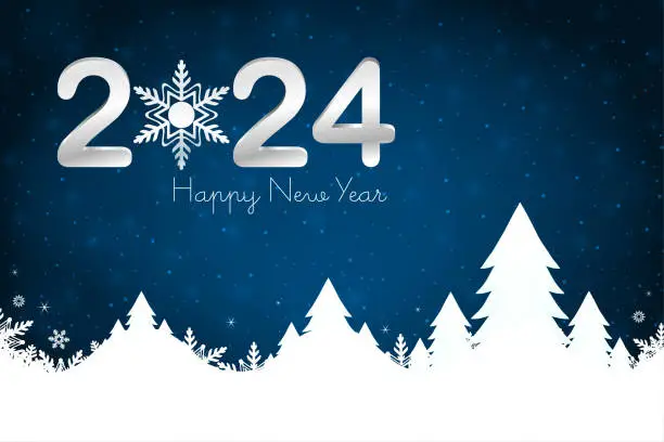 Vector illustration of Glittery Christmas horizontal dark midnight navy vector blue backgrounds with text Happy New year 2024 and a white coloured snow covered mountain range with coniferous Xmas trees and snowflakes and shiny dots at over bright vibrant backdrop