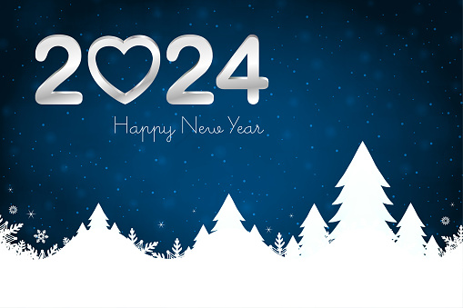 Horizontal vector illustration of Xmas wallpaper in dark blue and white color. There are many coniferous trees with shimmering snowing backdrop and text 2 0 2 4. Can be used as Christmas, Happy New Year festive wallpapers, posters and banners template, gift wrapping paper sheet, banners, templates or greeting cards. There is no people and ample copy space.