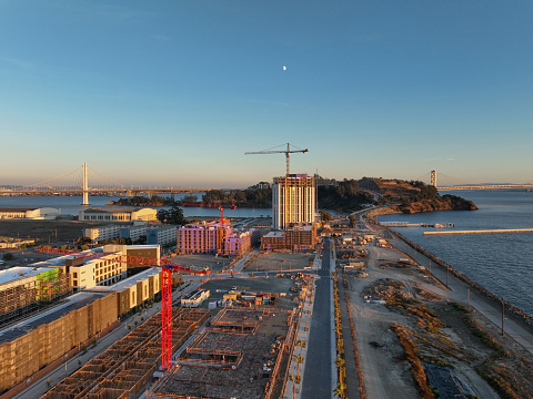 High quality aerial stock photo of large scale housing construction on Treasure Island in San Francisco, California.