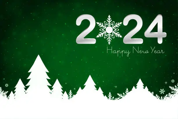 Vector illustration of Glittery Christmas horizontal dark green vector backgrounds with text Happy New year 2024 and a white coloured snow covered mountain range with coniferous Xmas trees and snowflakes and shiny dots at over bright vibrant backdrop