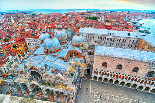 Wide Angle aerial view of Venice, Doges Palace and Saint Mark's Basilica on front