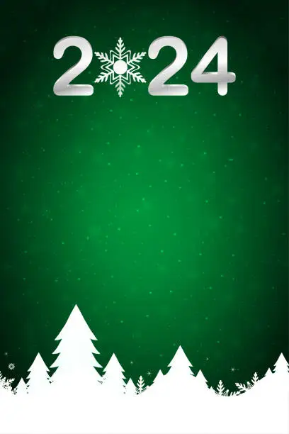 Vector illustration of Glittery Christmas vertical dark green Happy New year  vector backgrounds with creative text 2024 and a white coloured snow covered mountain range with coniferous Xmas trees and snowflakes and shiny dots at over bright vibrant backdrop