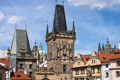 The towers of the Mala Strana district in Prague, Czech Republic