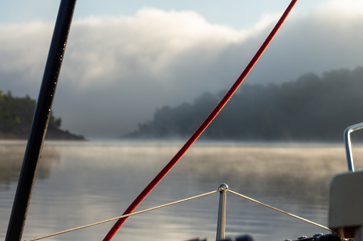 fog, morning, foggy summer morning at the dam