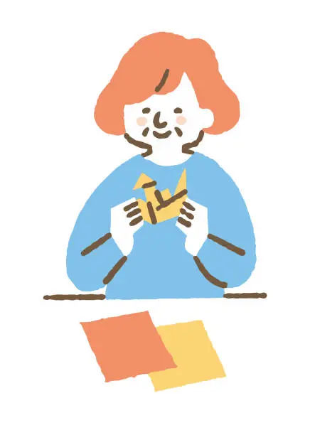 Vector illustration of Elderly woman folding origami at a facility_color