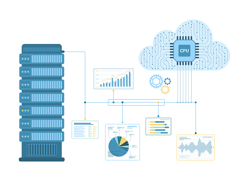 Big data infrastructure vector illustration. Cartoon isolated information storage and backup technology, abstract scheme of datacenter service using cloud server for hosting and communication