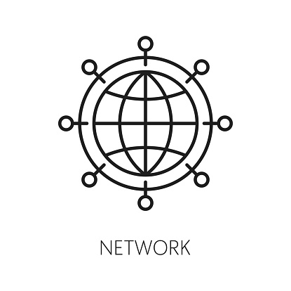 Network. CDN. Content delivery network icon, web media file uploading service, website content delivery network and publishing system thin line vector icon with globe and Internet connection hosts