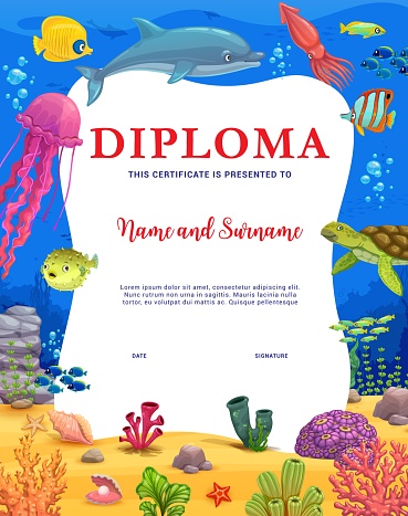 Kids diploma, cartoon animals and fish in underwater landscape, vector certificate template. School or kindergarten workshop certificate diploma with funny turtle, jellyfish and squid in undersea