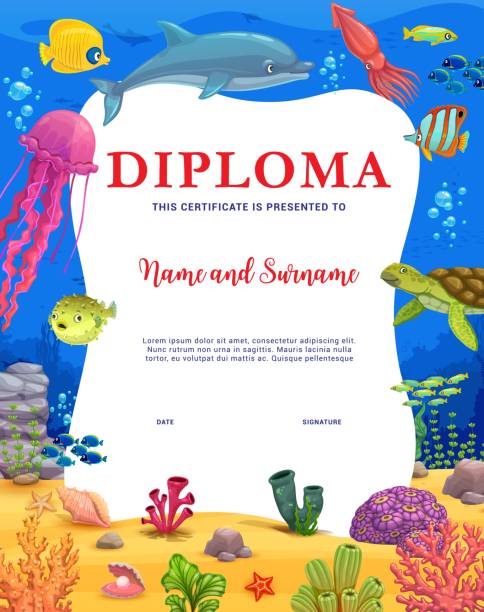 Kids diploma, cartoon animals and fish, underwater Kids diploma, cartoon animals and fish in underwater landscape, vector certificate template. School or kindergarten workshop certificate diploma with funny turtle, jellyfish and squid in undersea aquatic mammal stock illustrations