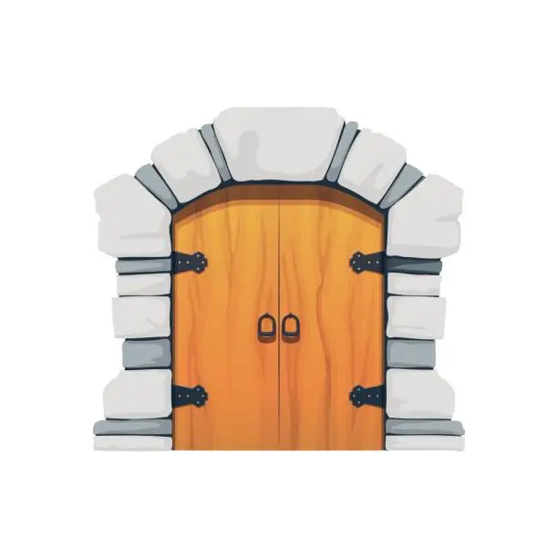 Vector illustration of Cartoon medieval castle gate, wood door, entrance