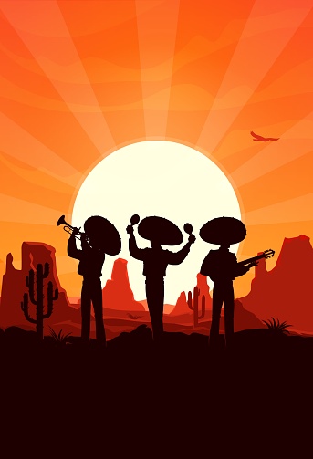 Mexican mariachi musicians silhouettes at desert sunset rays. Vector Cinco de mayo holiday celebration, trio of men wear sombrero playing maracas, guitar and trumpet at deserted dusk landscape