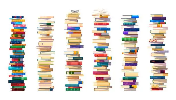 Vector illustration of High book stacks in piles, school textbooks heaps
