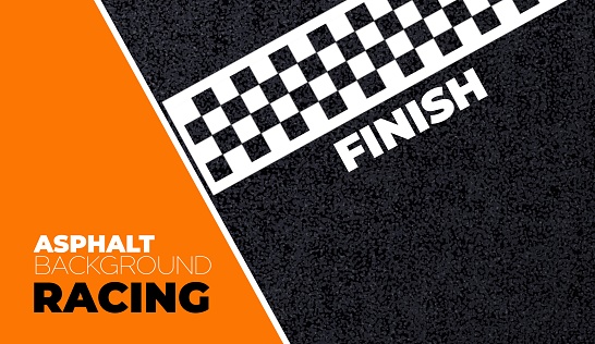 Realistic race track asphalt finished line. Vector background or banner for racing competition or tournament with black and white checkered marking and lines on textured asphalted road coating