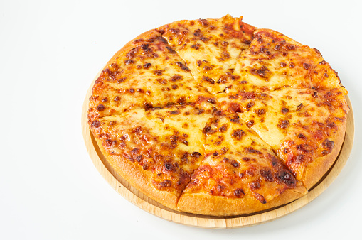 Soft cheese pizza on a wooden tray Fast food on a white background
