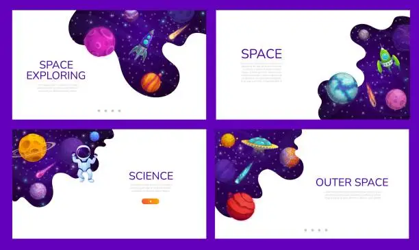 Vector illustration of Landing page with space planets, rocket, astronaut