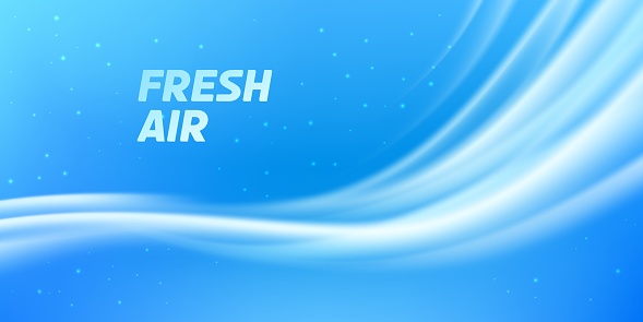 Fresh air flow or cold wind wave vector background. Abstract blue stream of fresh clean air, cold wind, aroma or smell with glowing light particles. Conditioning, filtration or ventilation themes