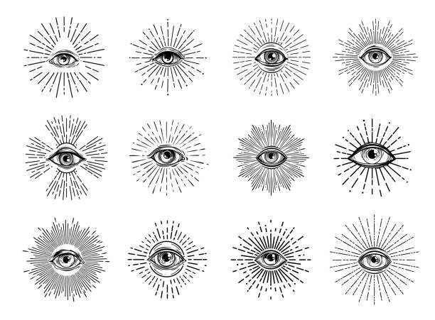 Providence illuminati eye. Esoteric occult symbols, mason tattoos with all seeing eye of God vector sketches, engraved magic triangle, glory and light rays. Freemasonry, spiritual and alchemy signs