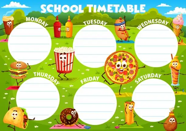 Vector illustration of Education timetable schedule, fast food on yoga
