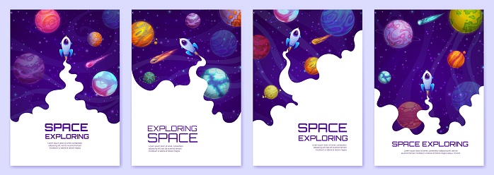 Landing page space. Cartoon space planets, stars and rockets. Startup launch web site background, company vector vertical poster or landing page with spaceship exhaust smoke cloud, galaxy planets