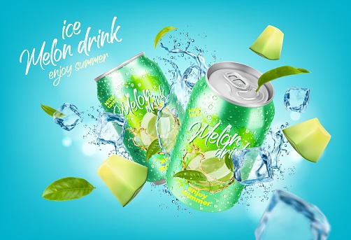 Ice melon drink can. Melon slice, water splash, tea leaves and ice cubes create a refreshing and flavorful beverage. Vector banner with perfect mix of fruity sweetness, and cooling effect of ice