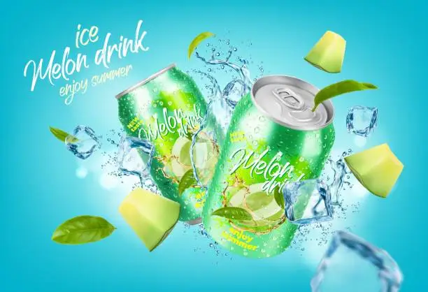 Vector illustration of Ice melon drink can. Melon slice, water splash,