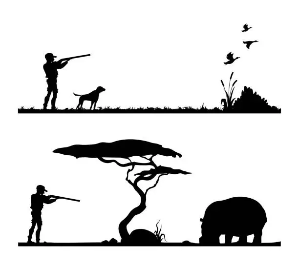 Vector illustration of Safari and bird hunting sport hunter silhouettes